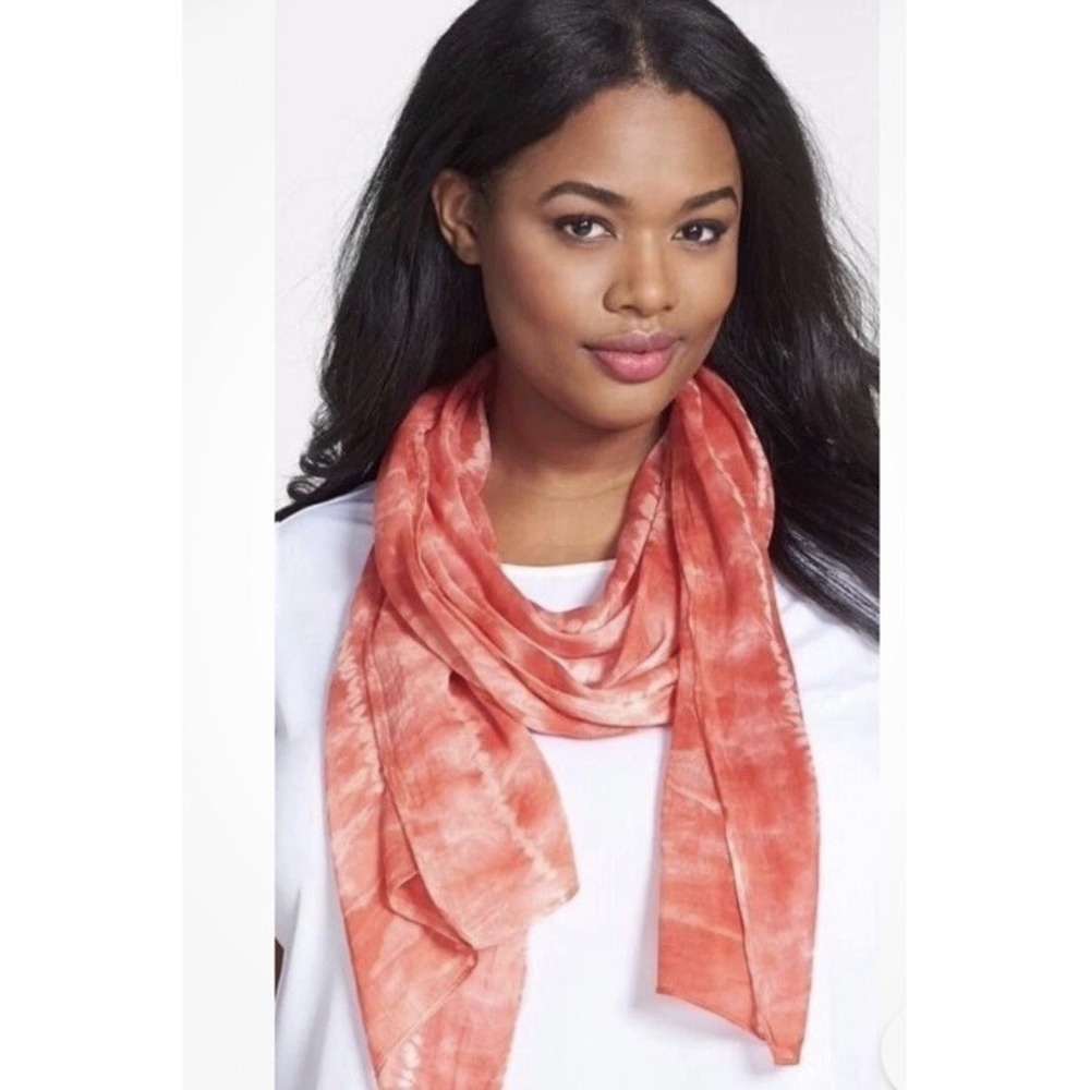 Eileen Fisher Coral Orange Shibori Tie Dye Scarf Made in Japan OS